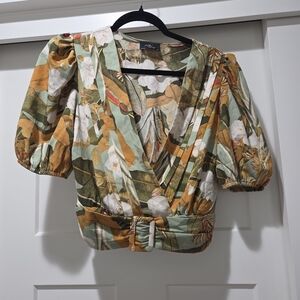 Tropical Floral Puff Sleeve Wrap Blouse